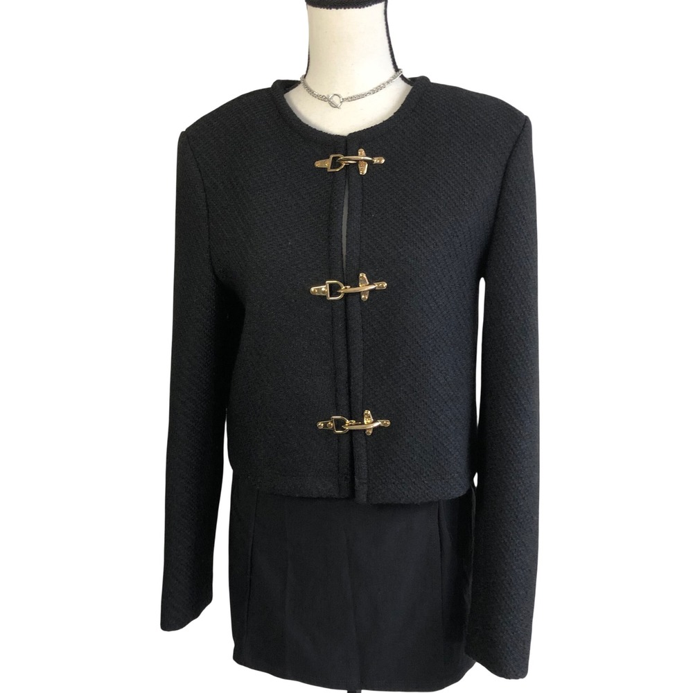 Korean Brand Black Tweed Cropped Blazer Womens M Gold Metal Toggle Jacket